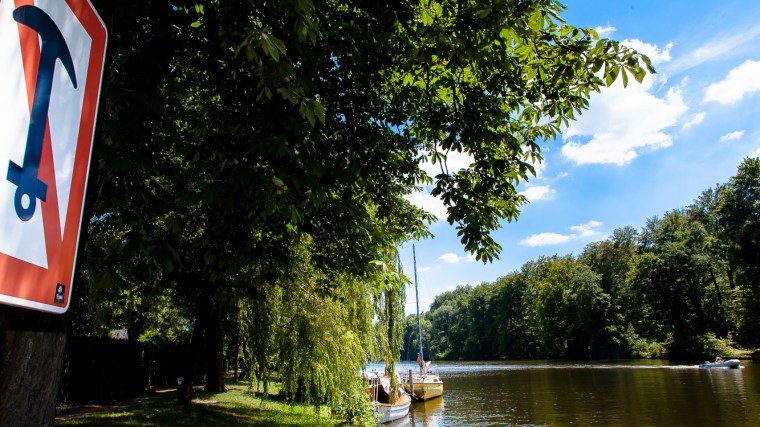Segelboot, Wasser, Fluss, Dahme, Verkehrszeichen, Bäume, Wald, Motorboot, Sommer, Wasser
