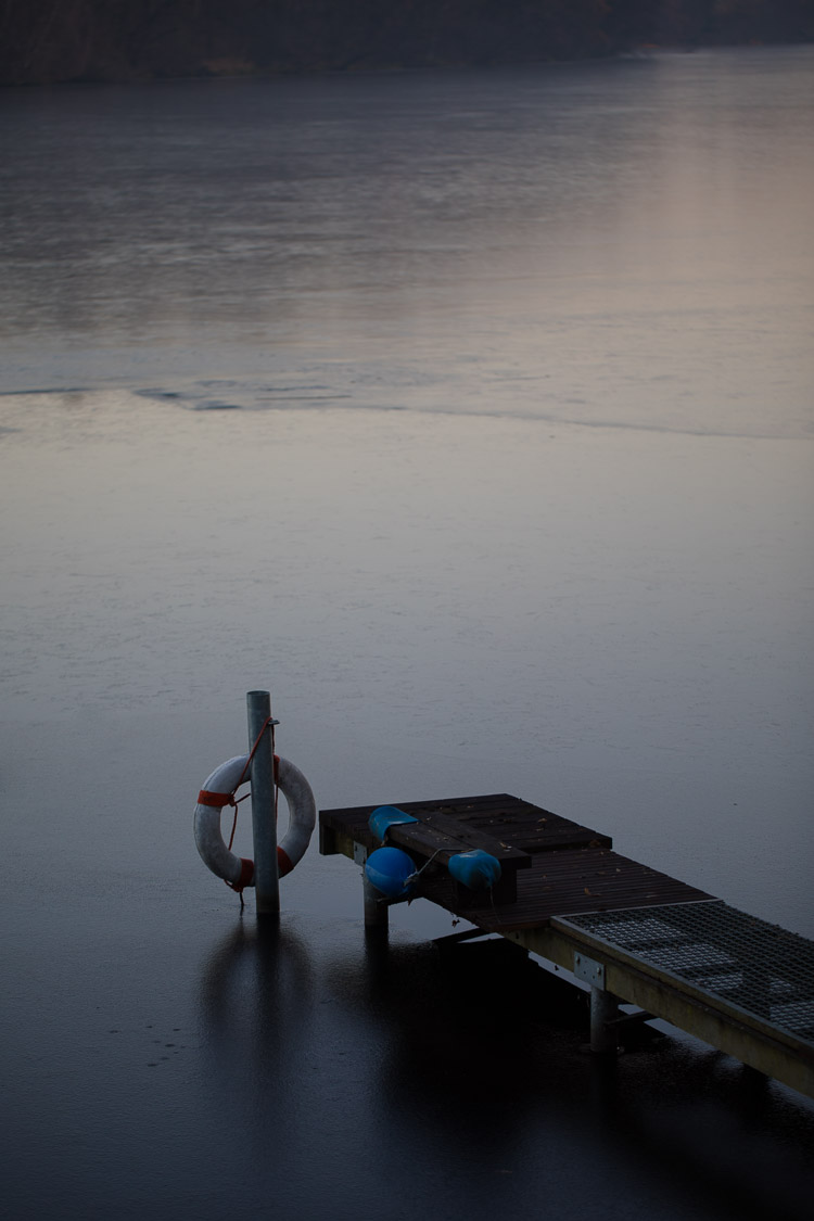 Bootssteg, Rettungsring, Dämmerung, Winter, Lankensee