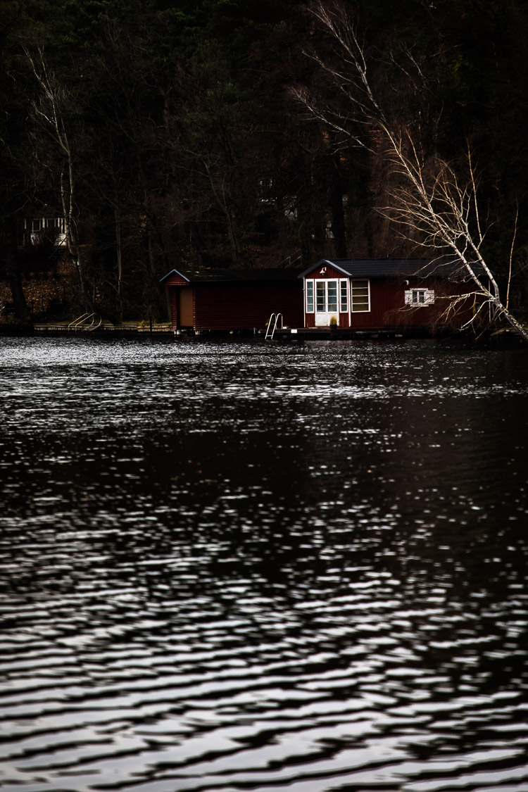 Haus, See, Ufer, Wasser, Winter, dunkel